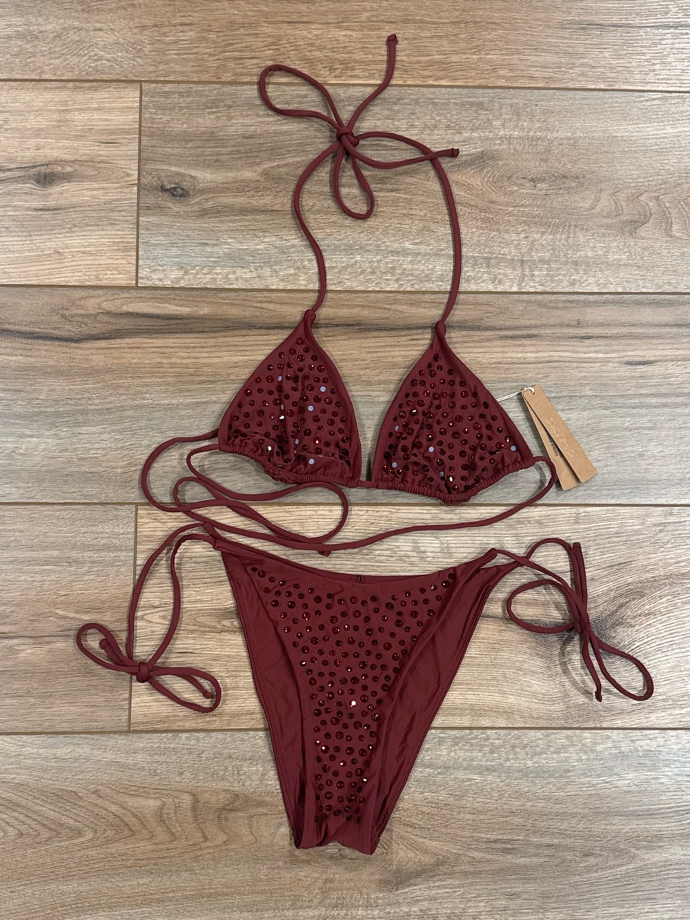 SKIMS NWT Burgundy Rhinestone Chic Reversible String Bikini Set | Size Small